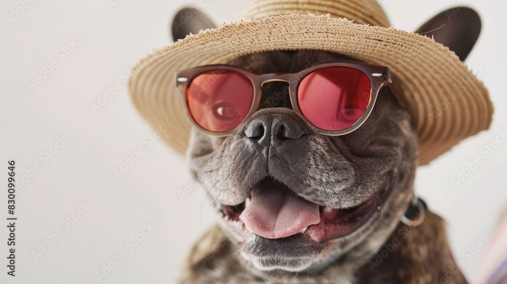 Stylish dog wearing a straw hat and red sunglasses with a happy expression and tongue out against a light background. Generative Ai
