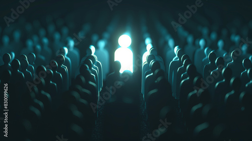 A glowing figure stands out in a crowd of dark silhouettes, symbolizing individuality and uniqueness in a sea of sameness.