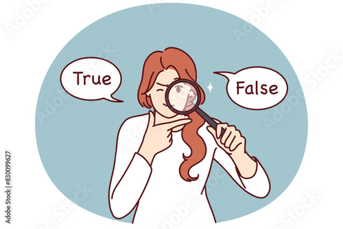 Girl with magnifying glass is trying to make difficult choice that standing between inscriptions false and true. Woman researcher has doubts about product quality and use magnifying glass