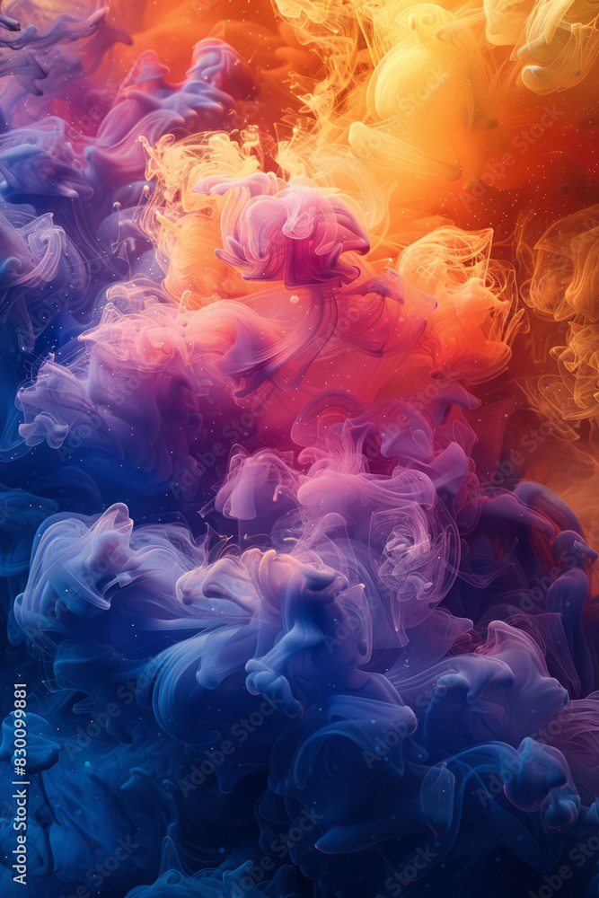 Obraz premium Illustration of a human body breaking apart into fluid segments, each segment merging into a sea of swirling colors,