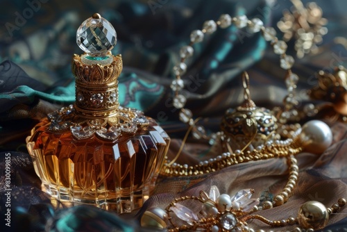 Elegant perfume bottle with crystal cap Placed next to jewelry