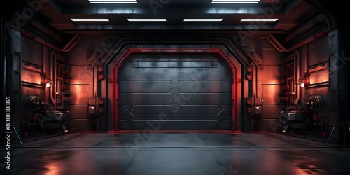 Dark underground hangar with large red siren elevator door in mechanical setting. Concept Underground Hangar, Red Siren, Mechanical Setting, Elevator Door, Dark Atmosphere photo