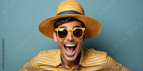 Man in striped shirt and hat goofing around for entertainment. Concept Goofy Portraits, Striped Shirt, Hat, Entertainment, Playful Poses photo