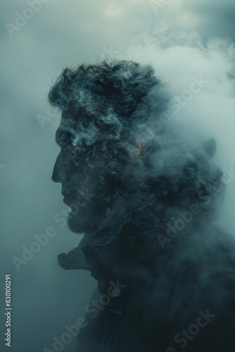 Image of a human figure with dark clouds emanating from their head, enveloping their body in a shroud of fog,