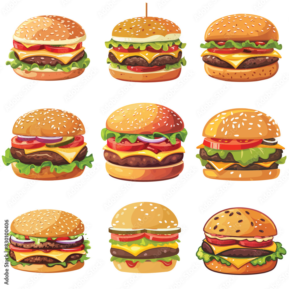 Burger, set icon, flat illustration, cartoon, isolated on a white background Burger, set icon, flat illustration, cartoon, isolated on a white background