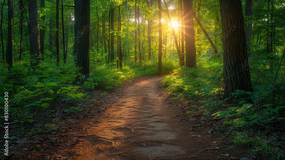 Sunlight dances on a serene nature path, weaving its way through the dense forest and inviting you to explore its hidden beauty Sunlight dances on a serene nature path, weaving its way through the dense forest and inviting you to explore its hidden beauty