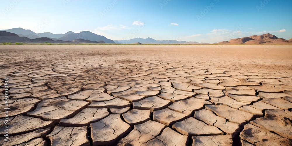 Cracked Lake Bed in Desert Surrounded by Mountains: A Breathtaking Aerial View. Concept Nature Photography, Landscape Views, Aerial Shots, Desert Scenery, Mountain Ranges