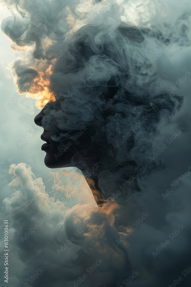 Image of a human silhouette with a dark cloud enveloping the head, symbolizing the mental fog caused by alcohol, Image of a human silhouette with a dark cloud enveloping the head, symbolizing the mental fog caused by alcohol,