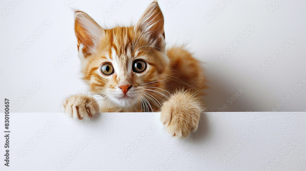 Adorable orange tabby kitten with wide eyes and curious expression peeking over a blank white surface isolated on a white background. Generative Ai Adorable orange tabby kitten with wide eyes and curious expression peeking over a blank white surface isolated on a white background. Generative Ai