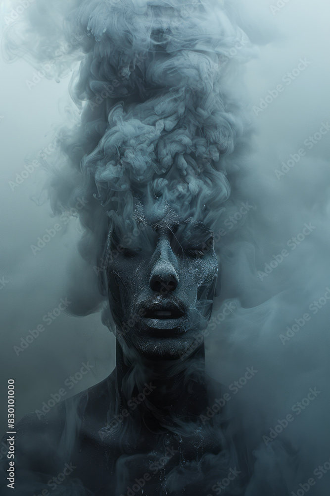 Scene of a person with dark mist pouring out from their head, enveloping their body and creating an atmosphere of confusion, Scene of a person with dark mist pouring out from their head, enveloping their body and creating an atmosphere of confusion,
