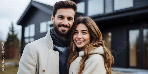 Joyful couple in front of new home celebrating purchase. Concept Homeownership, Celebration, Joyful Couple, New Beginnings, Milestone © Anastasiia