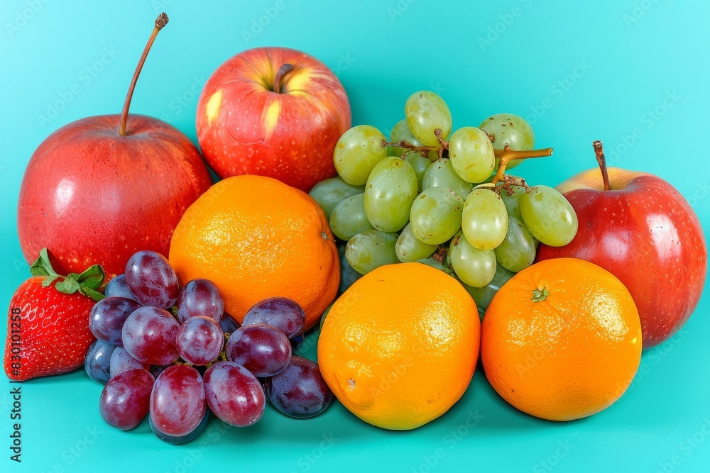Fresh Fruit Assortment on Blue Background, Vibrant and Nutritious, Healthy Snack or Dessert Option, High Key Photography