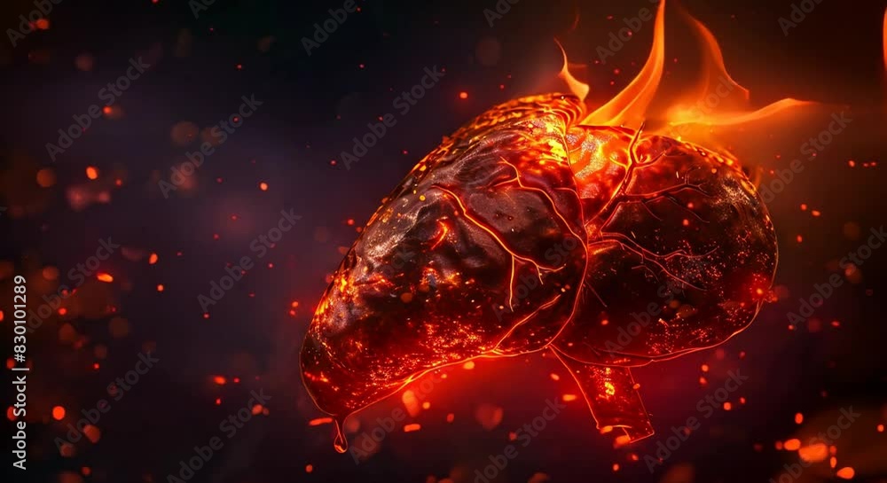 A clear photo depicts a fatty, damaged liver with flames roaring behind it, symbolizing the destructive impact of certain health conditions on vital organs. A clear photo depicts a fatty, damaged liver with flames roaring behind it, symbolizing the destructive impact of certain health conditions on vital organs.