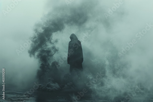 Artistic depiction of a human silhouette with dark fog creeping up from the ground, enveloping them in a shroud of confusion,