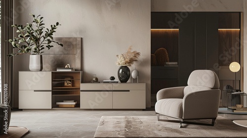 Contemporary interior with a plush armchair and sleek cabinet soft pastel colors modern design ambient lighting photo