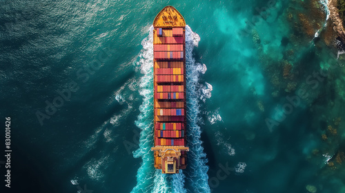 A large ship is sailing through the ocean with a blue sky in the background © CtrlN