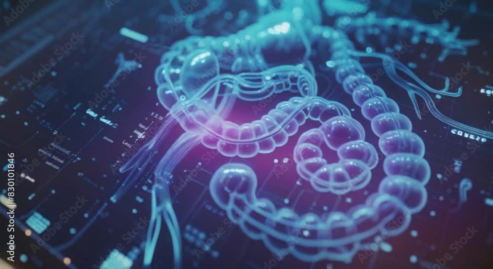 A glowing blue rendering of the human digestive system on a dark blue background. A glowing blue rendering of the human digestive system on a dark blue background.