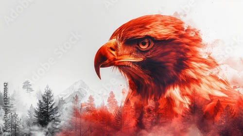 Majestic red eagle in artistic design, blending detailed wildlife with a misty forest background. Perfect for nature, art, or animal themes. photo