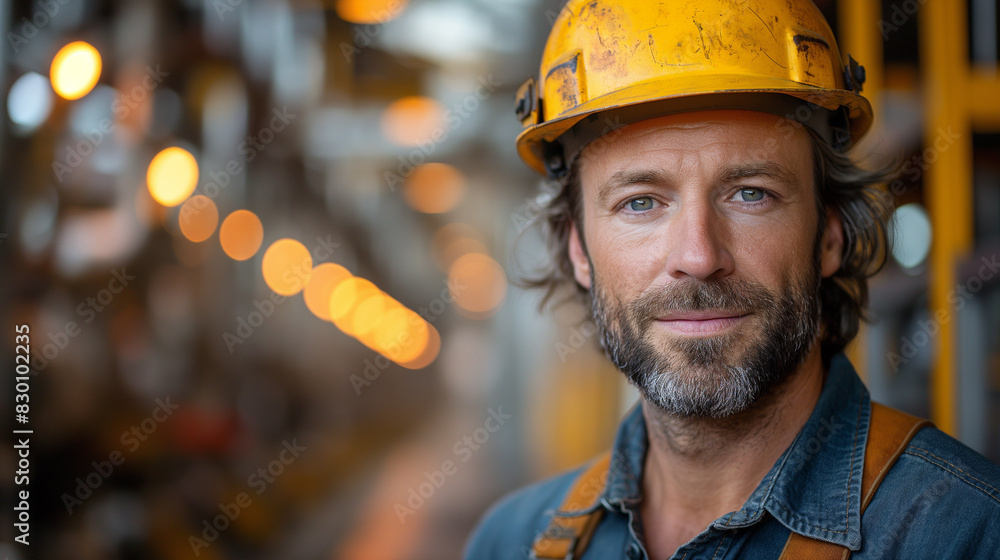 A man wearing a yellow helmet and safety glasses is smiling A man wearing a yellow helmet and safety glasses is smiling