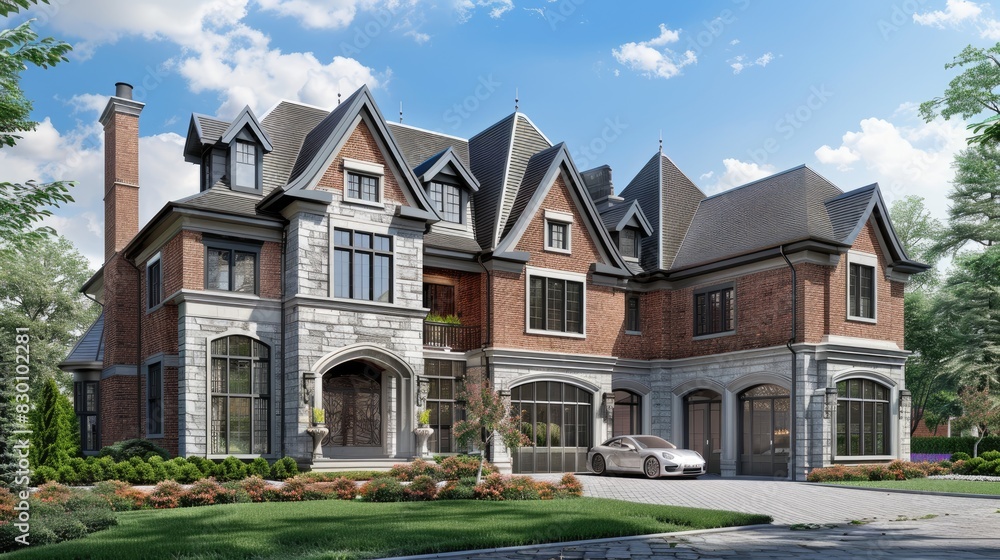 Obraz premium a newly-built home exuding luxury, boasting modern aesthetics, ample space, and the convenience of a two-car garage.