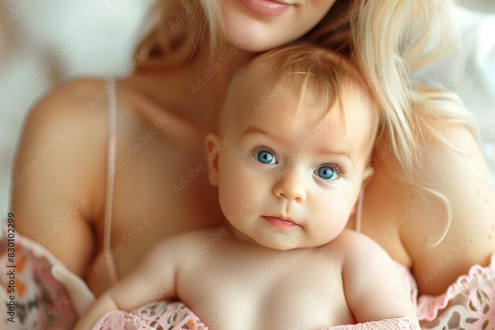 Mother Holding Baby with Blue Eyes Close-Up - ai generative Mother Holding Baby with Blue Eyes Close-Up - ai generative