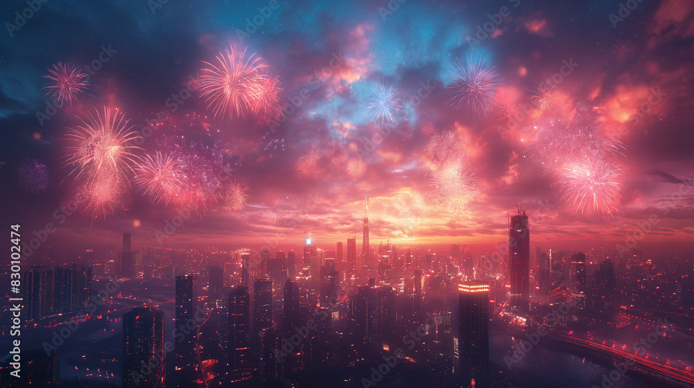 A city skyline with fireworks in the sky A city skyline with fireworks in the sky