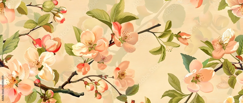 Vibrant Pink and White Blossoms on a Spring Tree Branch with Delicate Green Leaves Vibrant Pink and White Blossoms on a Spring Tree Branch with Delicate Green Leaves