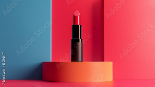A red and blue background with a black lipstick on a stand