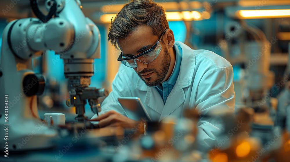 A man in a lab coat is working on a device with a tablet in front of him A man in a lab coat is working on a device with a tablet in front of him