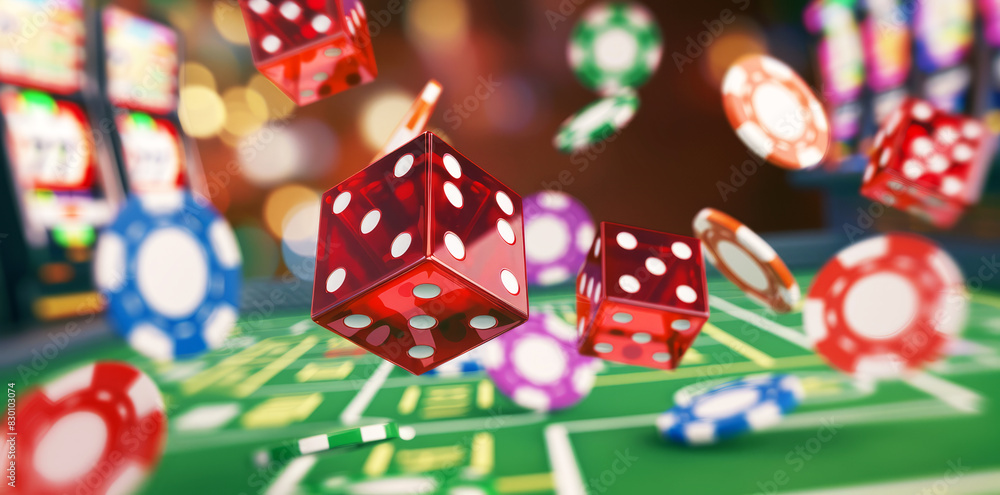 3D rendering of cards, dice, and chips flying
