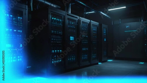 Viewers of the looping video are presented with a dynamic view of a data center environment adorned with multiple rows of fully operated server racks, exemplifying the synergy between telecommunicatio photo