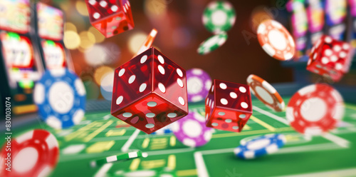 3D rendering of cards, dice, and chips flying