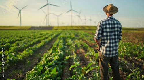 A farmer standing in a field of crops with wind turbines in the background, showcasing the harmonious coexistence of agriculture and renewable energy.