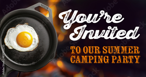cast iron frying pan with a fired egg over a campfire, summer time, camping, leisure, outdoors, food