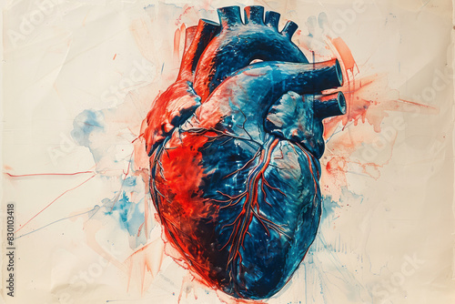 Illustration of a heart with erratic red and blue lines radiating from it, representing cardiovascular chaos, photo