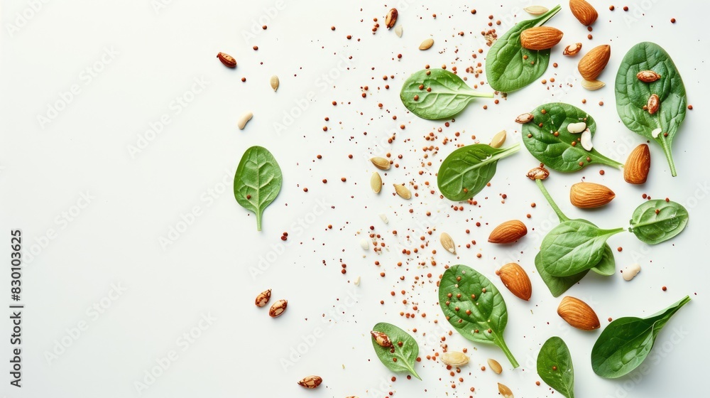 healthy ingredients such as brown algae, spinach, nuts, pumpkin seeds, and beans elegantly arranged on a pristine white background. healthy ingredients such as brown algae, spinach, nuts, pumpkin seeds, and beans elegantly arranged on a pristine white background.