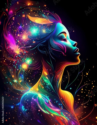 A silhouette of a woman with bright neon colors and black background. It ́s magic! 