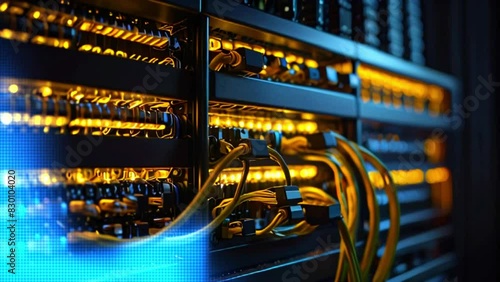 The server room houses network hardware and telecommunication technologies, including modems with fiber optic cables and routers. photo