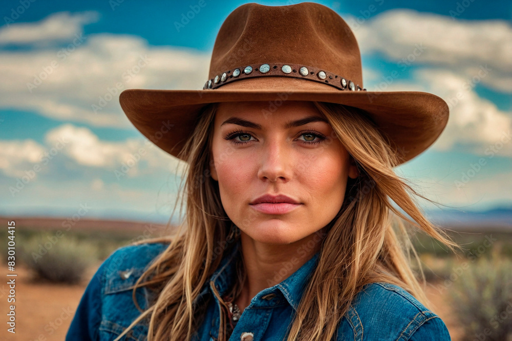 American Cowgirl Beauty Portrait with Scenic Nature Background