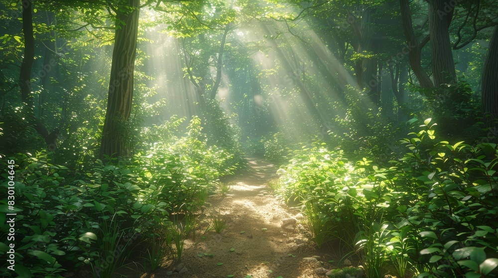 Fototapeta premium Serene nature path. Sunlight filters through the leaves of a dense forest, creating a cathedral-like atmosphere for a peaceful walk