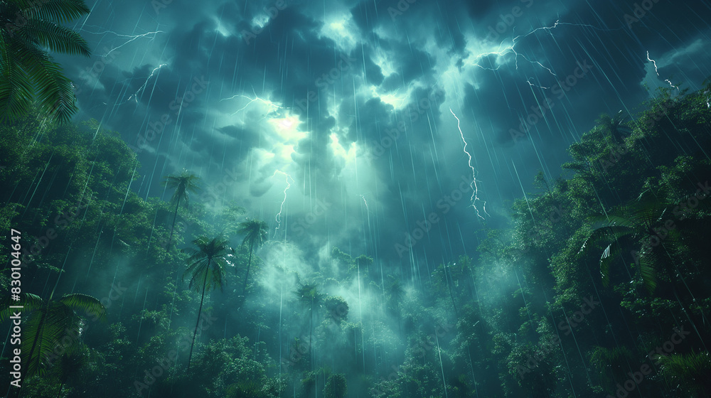 Fototapeta premium A stormy sky with rain pouring down on a lush green forest
