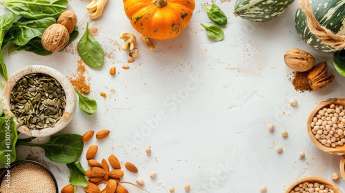 Wallpaper Mural healthy ingredients such as brown algae, spinach, nuts, pumpkin seeds, and beans elegantly arranged on a pristine white background. Torontodigital.ca