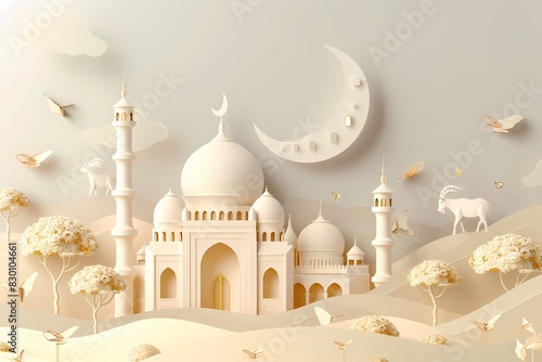 Wallpaper Mural A dreamy paper art scene of a majestic mosque with a crescent moon lanterns and serene landscapes. Happy Al Adha banner with mosque illustration, Islamic ornaments, and goat for festive celebration Torontodigital.ca