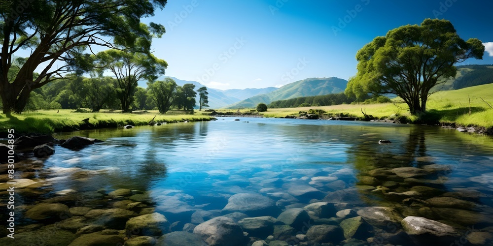 Picturesque mountain lake scenery with crystal clear blue water and verdant green surroundings. Concept Mountain Lakes, Scenic Views, Crystal Clear Water, Green Surroundings, Nature Photography