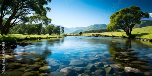 Picturesque mountain lake scenery with crystal clear blue water and verdant green surroundings. Concept Mountain Lakes, Scenic Views, Crystal Clear Water, Green Surroundings, Nature Photography