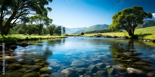 Picturesque mountain lake scenery with crystal clear blue water and verdant green surroundings. Concept Mountain Lakes  Scenic Views  Crystal Clear Water  Green Surroundings  Nature Photography