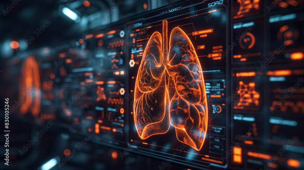 A computer monitor displays a graphic of a human lung A computer monitor displays a graphic of a human lung