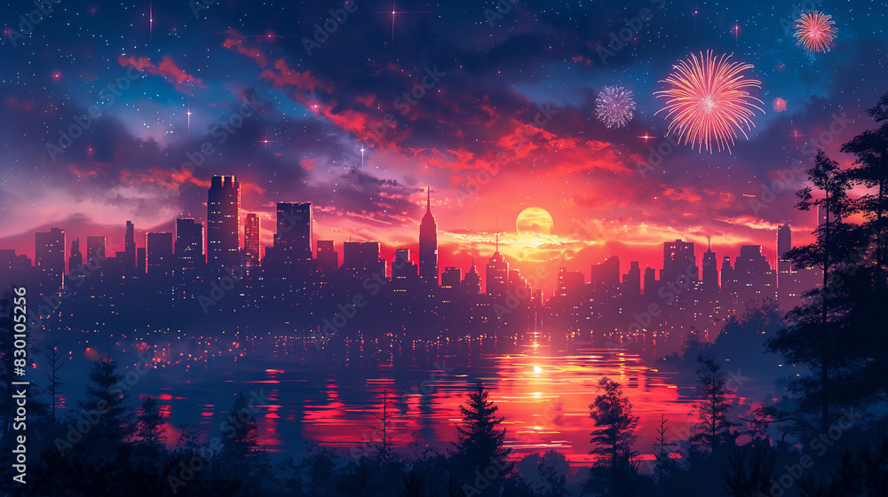 A city skyline is lit up at night with fireworks in the background