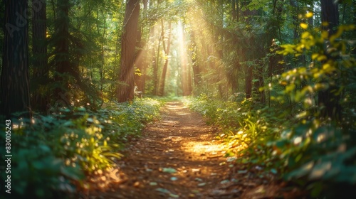 Serene nature path. Sunlight filters through the leaves of a dense forest, creating a cathedral-like atmosphere for a peaceful walk © AvectStock