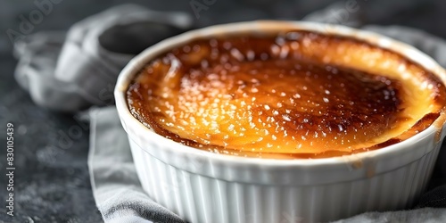 Side view of rich custardbased dessert with caramelized sugar topping in a ramekin. Concept Food Photography, Dessert Presentation, Creme Brulee, Ramekin, Caramelization